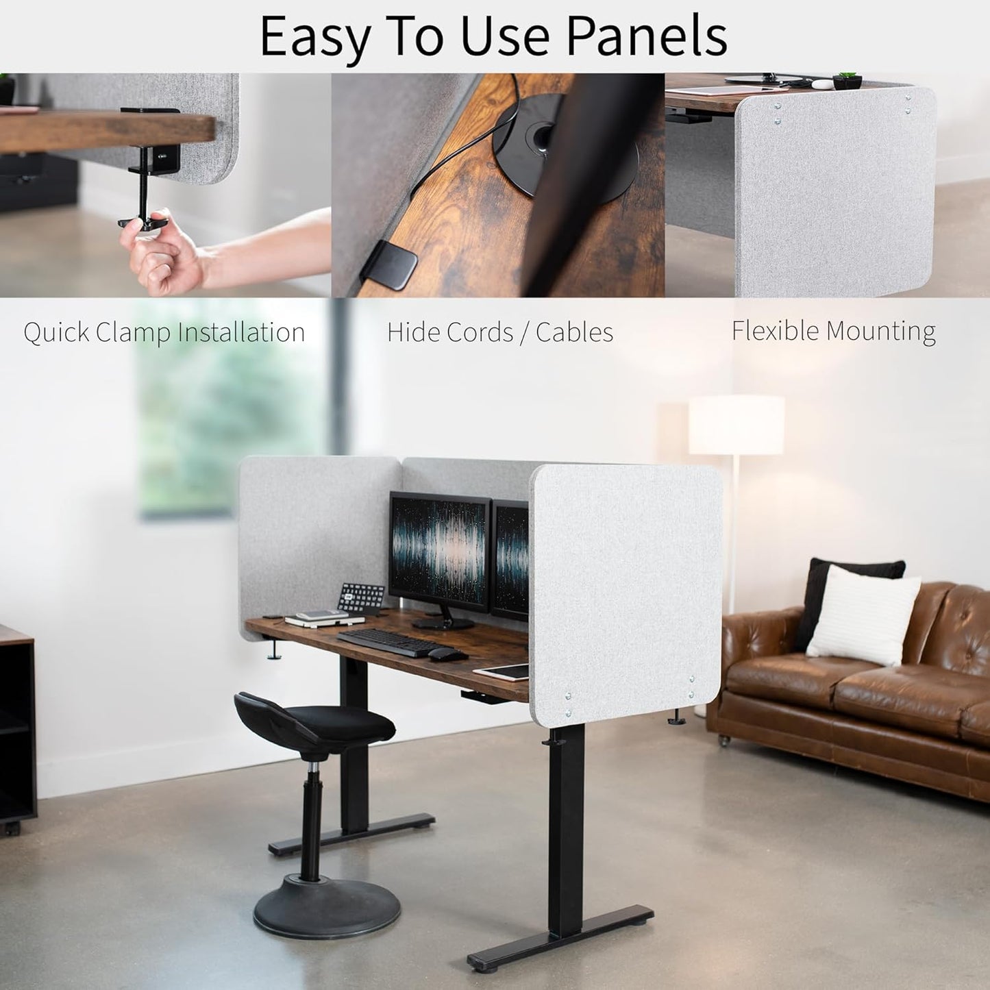VIVO Clamp-on Privacy Panels 60 x 24 inch (x1), 24 x 24 inch (x2), Sound Absorbing Cubicle Desk Dividers, 3 Acoustic Partitions, Gray, PP-3-V108G