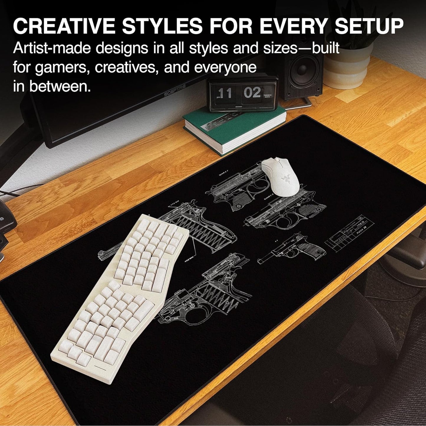 MPCO. Blueprints Large Gaming Desk Pad - 36" x 17" Duraglyde Fabric Pistol 38 – Black Desk Mats - Non-Slip, Washable, Smooth Glide for Precision Gaming & Work