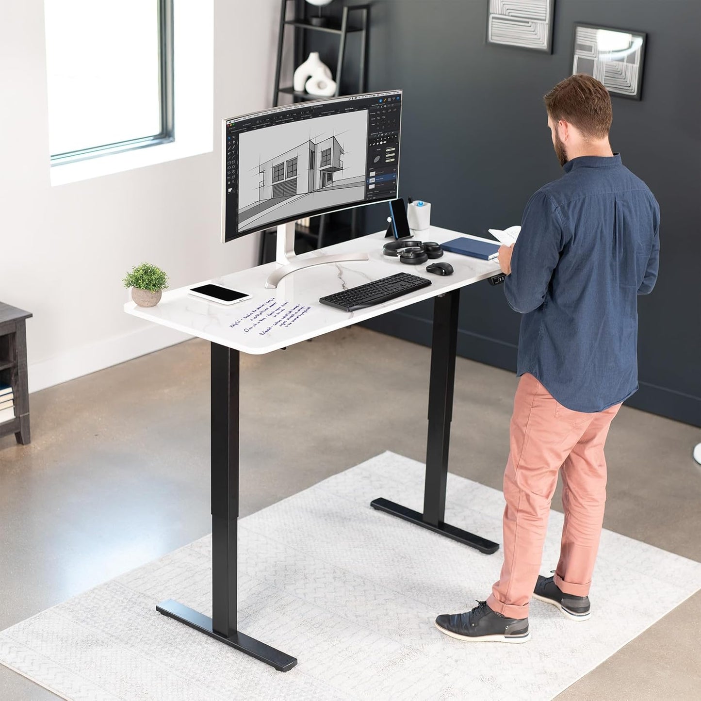 VIVO Electric Dry Erase 60 x 24 in Standing Desk, Memory Height Adjustment, 1B Series, White Marble Pattern Top, Black Frame, DESK-KIT-1B6WM