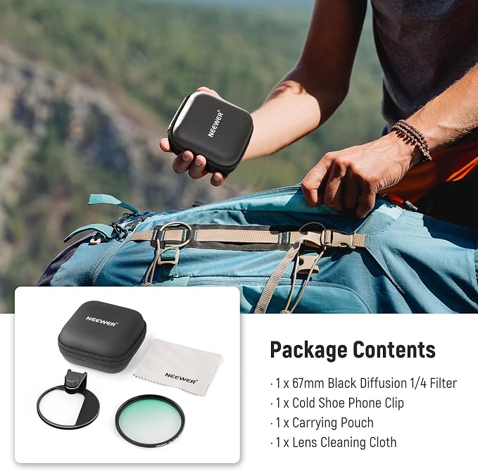 NEEWER 67mm 1/4 Black Diffusion Filter & Cold Shoe Phone Clip, Pouch & Lens - Image 8