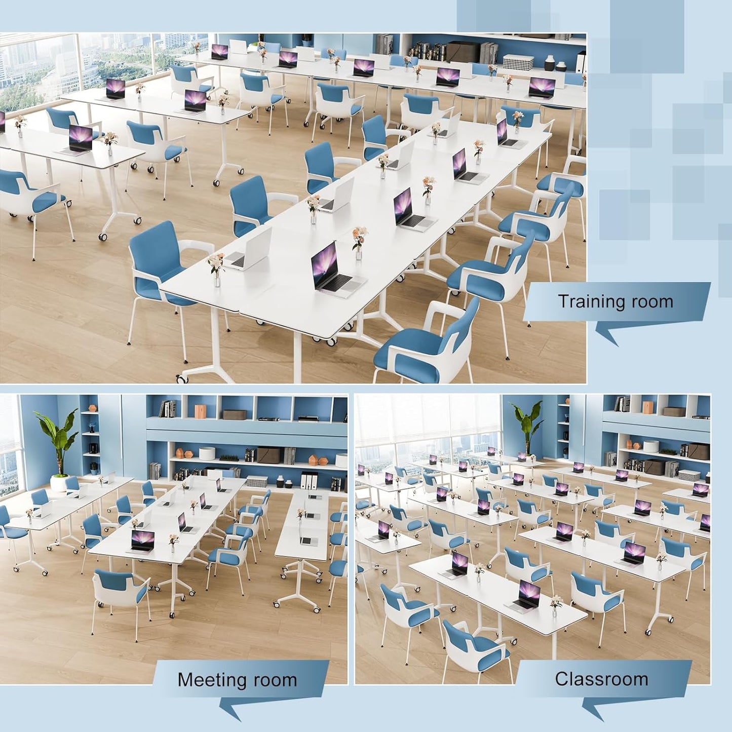 10Pack Folding Conference Room Table, Modern Conference Tables with Silent Wheels, Large Rectangular Mobile Training Tables for Office Classroom, Foldable Modular Seminar Table White (L47.2in)