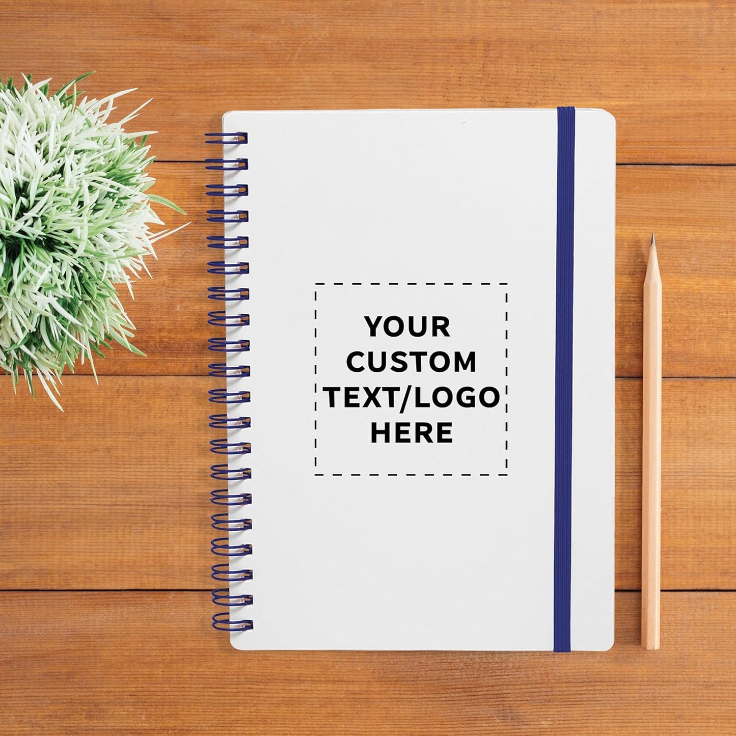 100 White Spiral Notebooks with Elastic Band Pack - Customizable Text, Logo - 80 lined pages, Recycled - Blue
