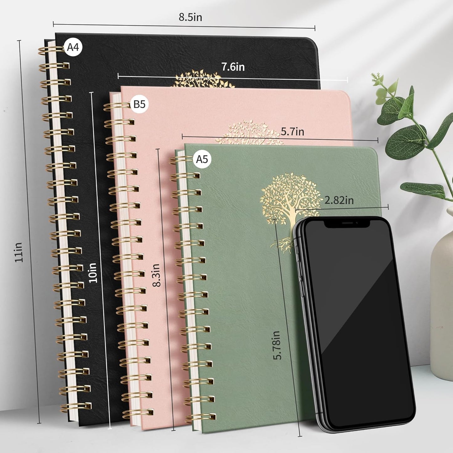 RETTACY Bullet Dotted Journal Notebook, 110 Pages, A4 Medium Size (8.5" × 11"), Leather Hardcover, 100 GSM Thick Paper, Spiral-bound, for Bullet Journaling, Planning, Tracking (Black)