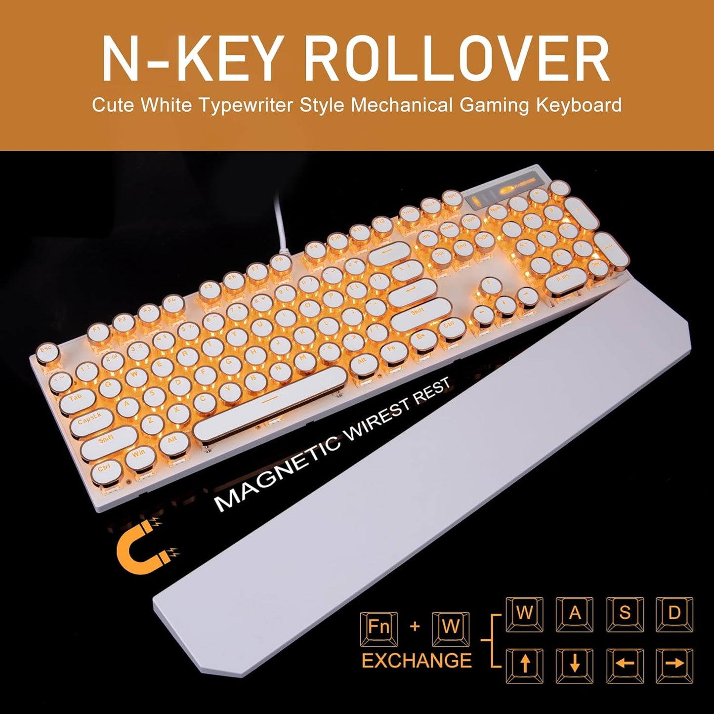 Typewriter Style Mechanical Keyboard, Retro Punk Gaming Keyboard with Gold LED Backlit, Cute Wired Keyboards,104 Keys Full Size Keyboards, Uique Round Keycaps for Windows/Mac/PC(White&Gold)
