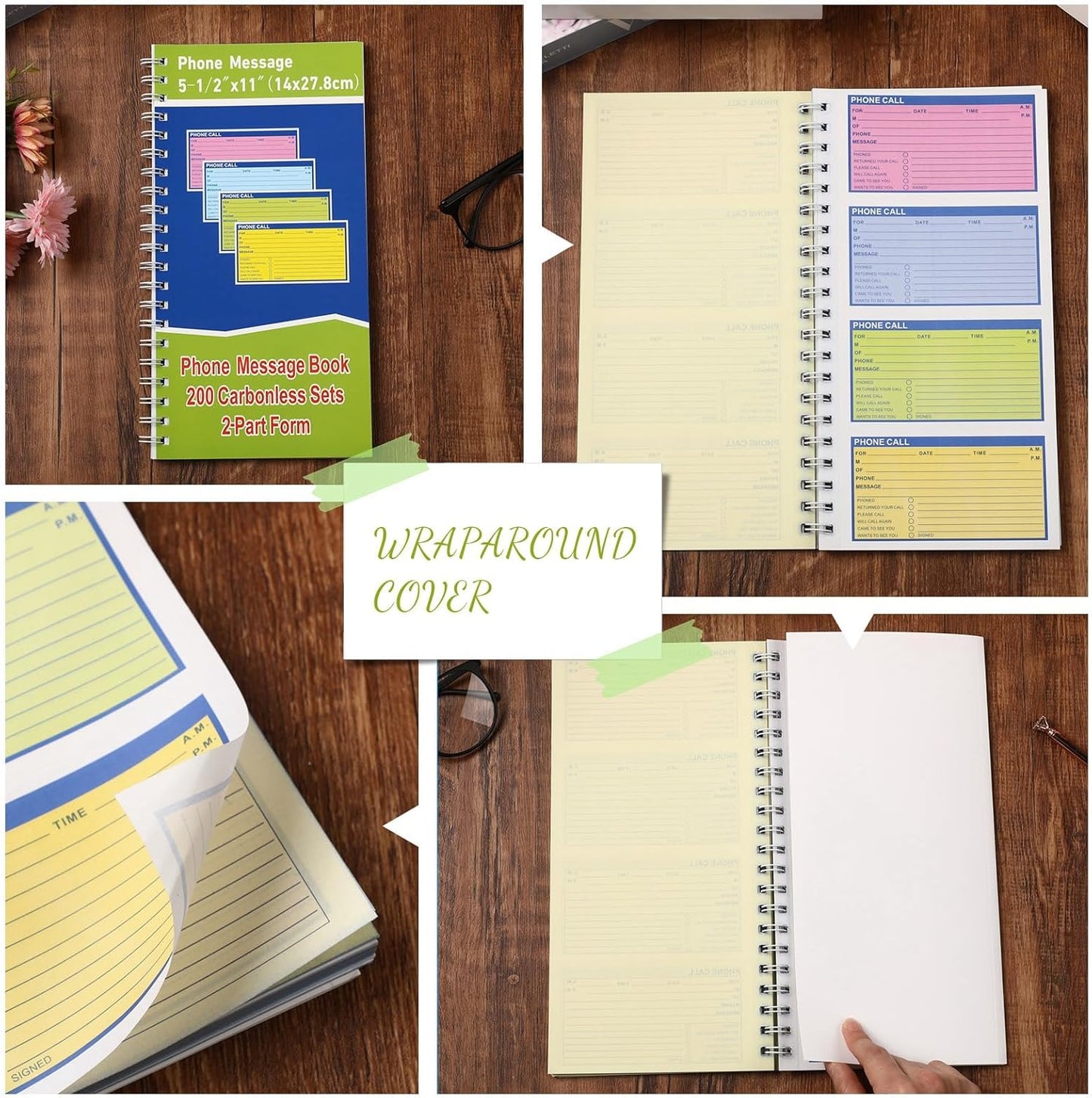 Sinmoe 16 Pcs Spiral Bound Phone Message Book with Carbon Copy 5-1/2" x 11" 2 Part Colorful Carbonless Telephone Message Pads Duplicate Spiral Phone Call Log Book for Business Office