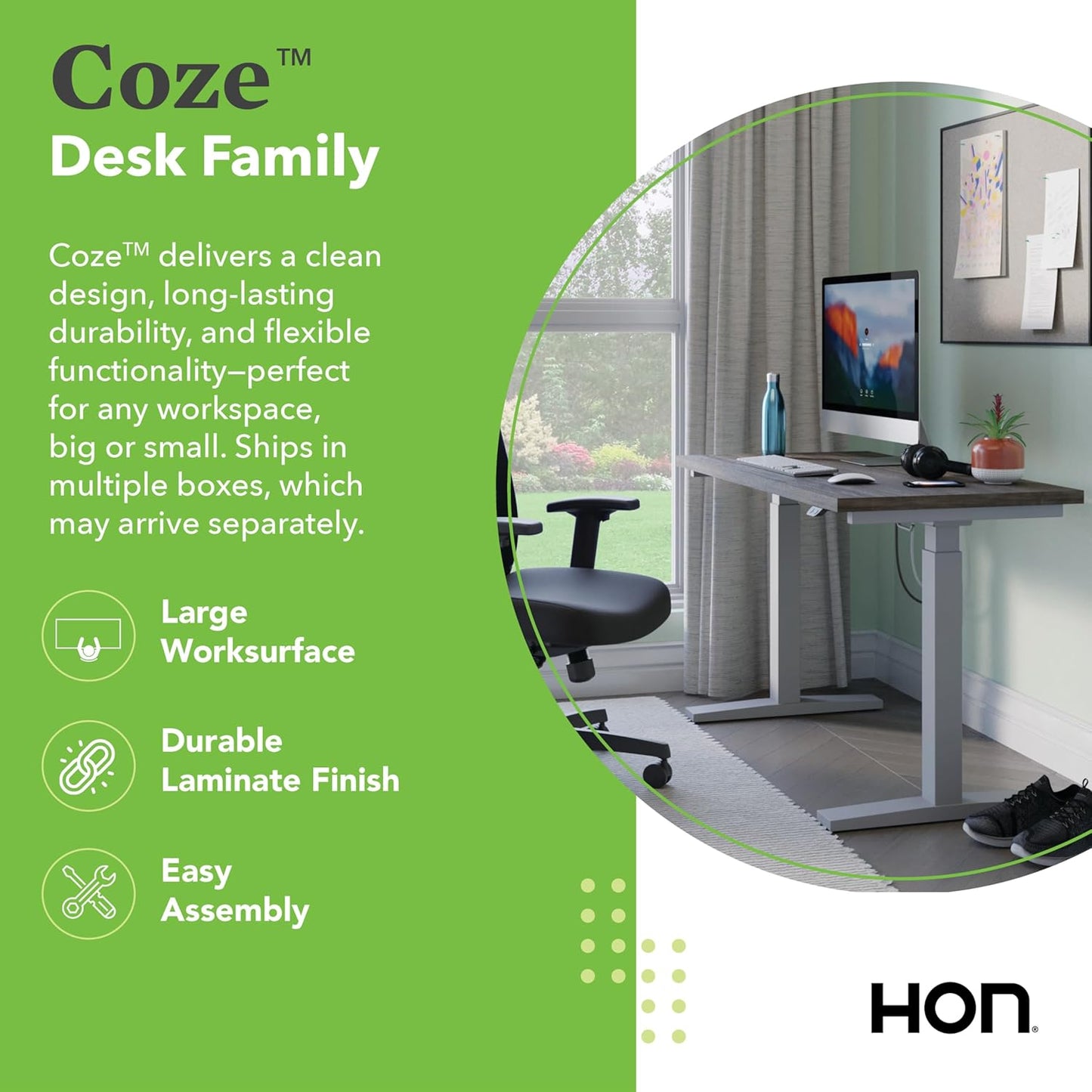 HON Coze Electric Standing Desk Adjustable Height, Coordinate Height Adjustable Desk, 54", Walnut Top, Black Base