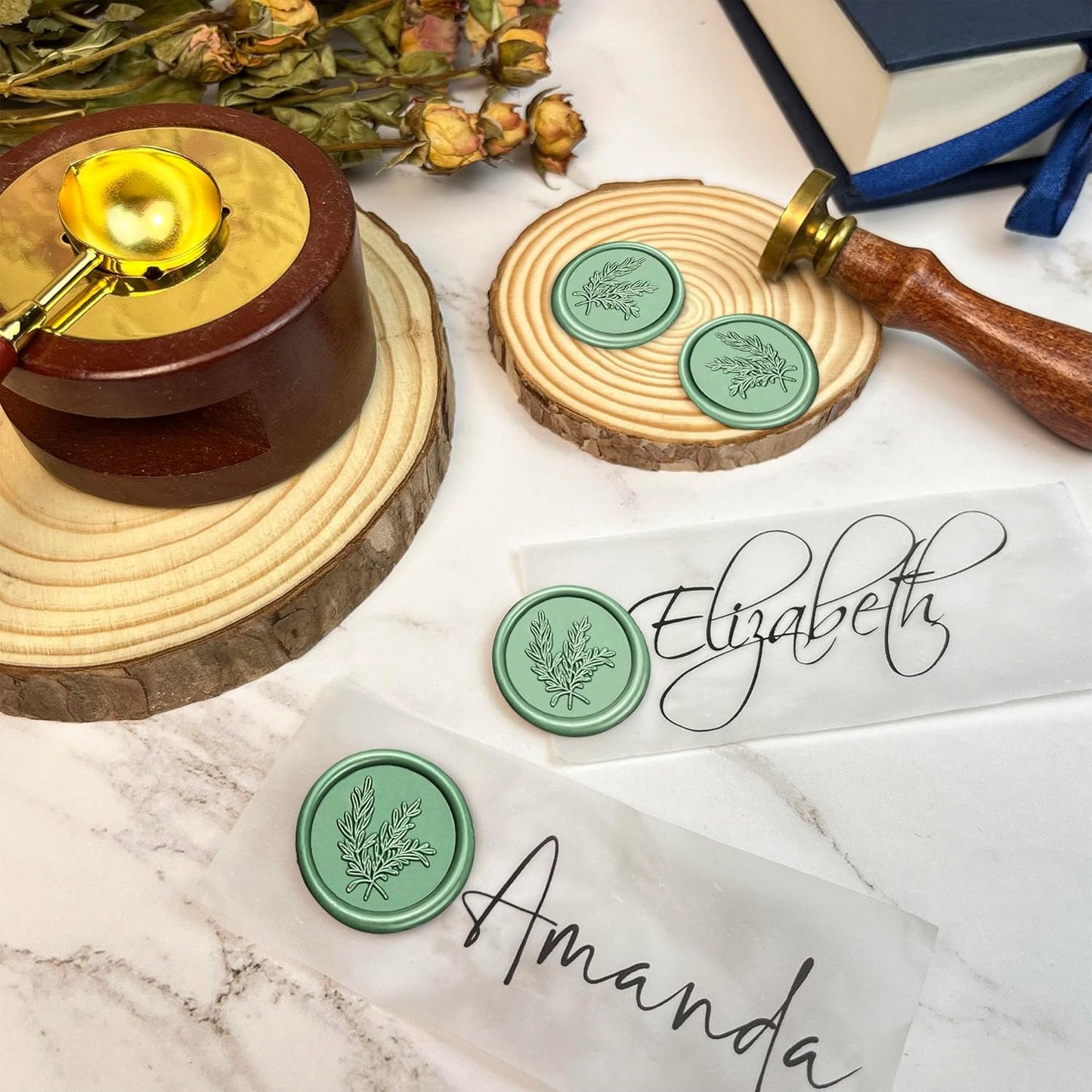 50Pcs Wax Seal Stickers Handmade Envelope Seals Self Adhesive Wax Stickers for Wedding Party Invitations, Envelope, Gift Wrap, Christmas(Rosemary Style, Olive Green)