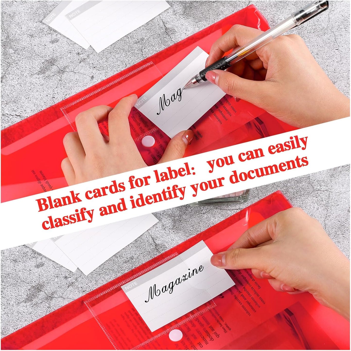 Lincia Plastic Envelopes A4 Size Poly Envelopes File Folders Work Document Holder Office Paper Plastic File Organizer with Label Pocket Snap Button Home Bag for School (Clear Red,48 Pcs)