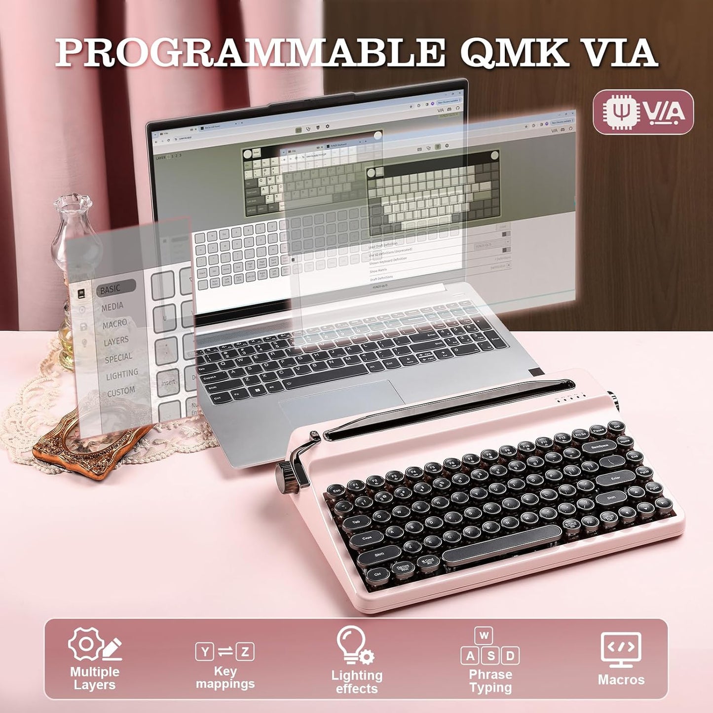YUNZII QL75 Wireless Typewriter Hot Swap Retro Mechanical Keyboard,Punk Round Keycaps,RGB Backlit QMK/VIA Programmable,Multi-Device Keyboard with 2.4GHz/Type-C/BT5.0 (Pink, Onyx Switch)