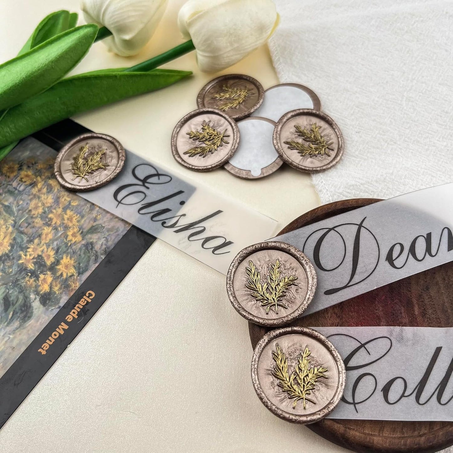 100Pcs Gold & Champagne Gold Seal Stickers - Handmade Self-Adhesive Envelope Seals for Wedding Party Invitations, Gift Wrap, Christmas (Gold Rosemary Style, Champagne Gold Wax)