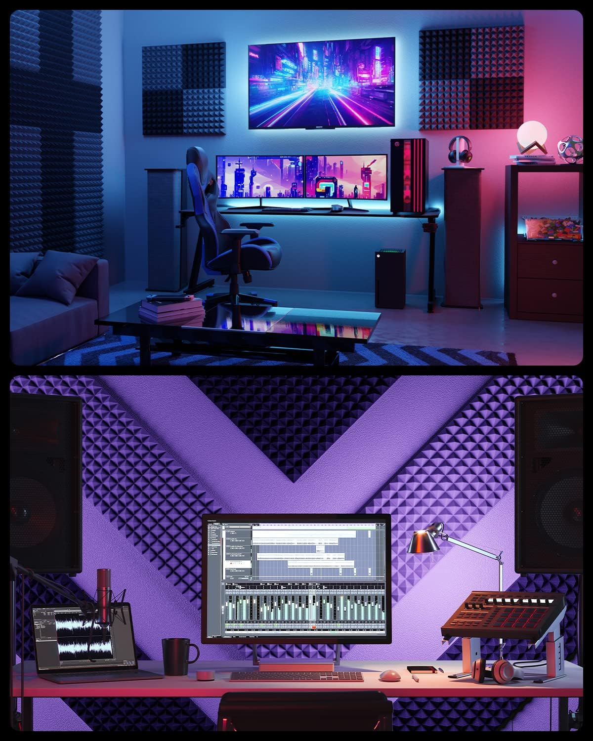 Sonicism Sound Proof Foam Panels for Walls Self-Adhesive 36 Pack Pyramid 12" X 12" X 2" Soundproof Wall Panels 35kg/m³High Density Acoustic Panels Fast Expand,Sound Absorption and Decoration(Black)