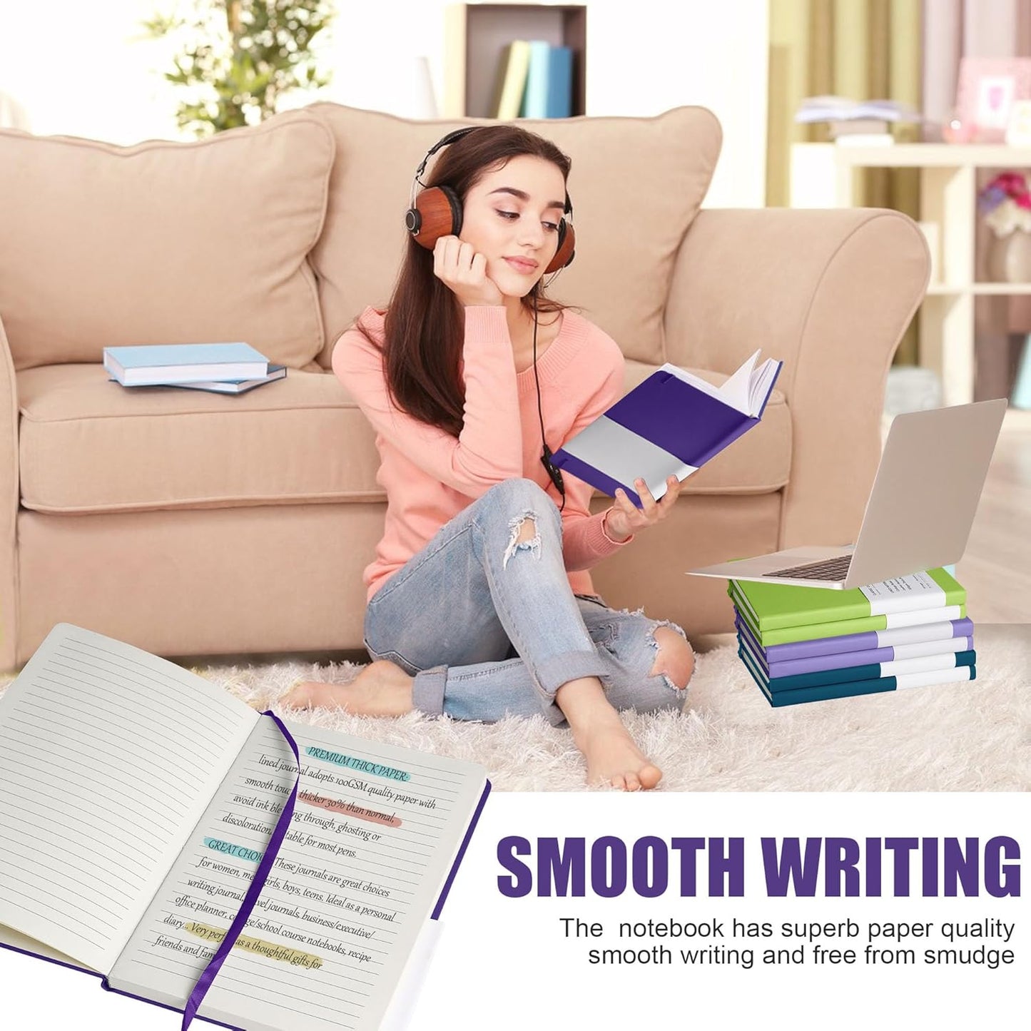 Lined Journal Notebook, 6Pack(Purple), 160 Pages, Medium 5.7 inches x 8 inches - 100 gsm Thick Paper, Hardcover
