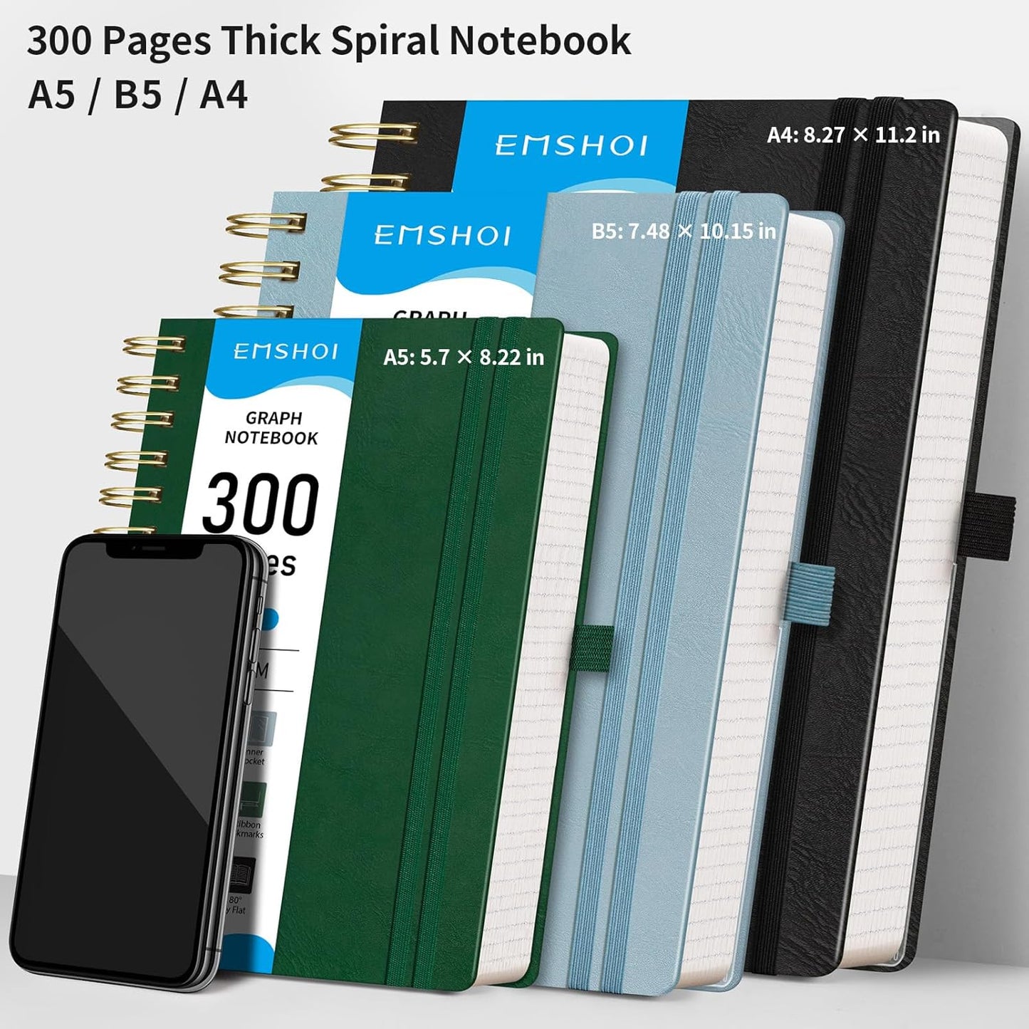 EMSHOI Spiral Graph Paper Notebook - 300 Pages, 100 GSM Thick Grid Notebook, A4 Large Hardcover Leather Journal for Women Men Work School Writing Engineering Graphing, 8.27" x 11.2", Gray Blue
