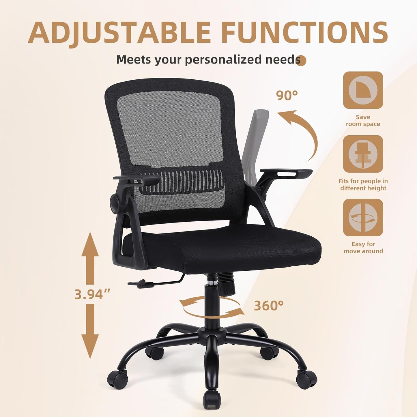 Office Chair, Ergonomic Desk Chair with Lumbar Support, Breathable Mesh Chair with Flip-up Armrests and Mid Back, Comfy Task Computer Height Adjustable Swivel Chair (2, Black)
