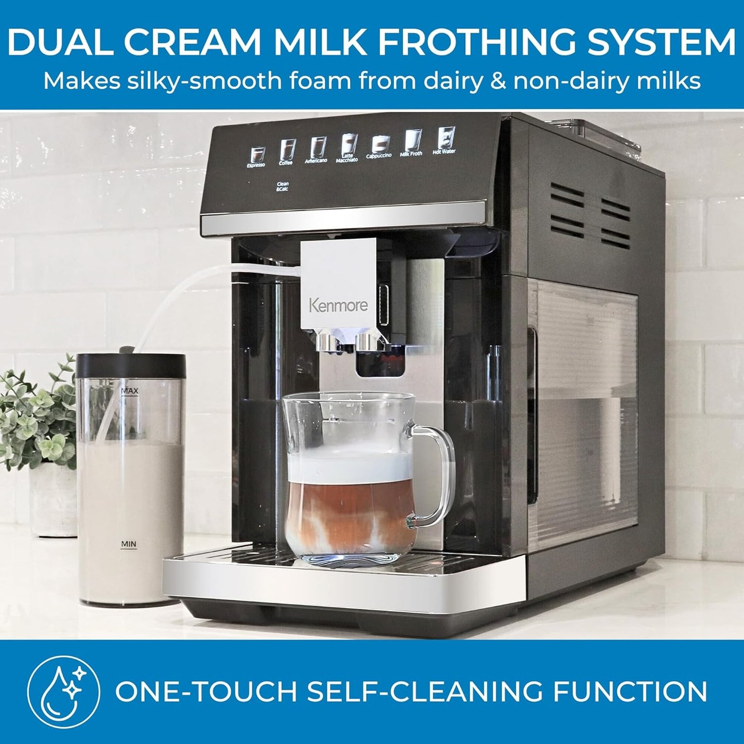 Koolatron Kenmore Espresso Machine – All-In-One Fully Automatic Coffee Maker with Auto Tamper, Descaler, Milk Steamer & Frother, Bean Grinder, Professional Barista Style Cappuccino, Cafe Latte, Black