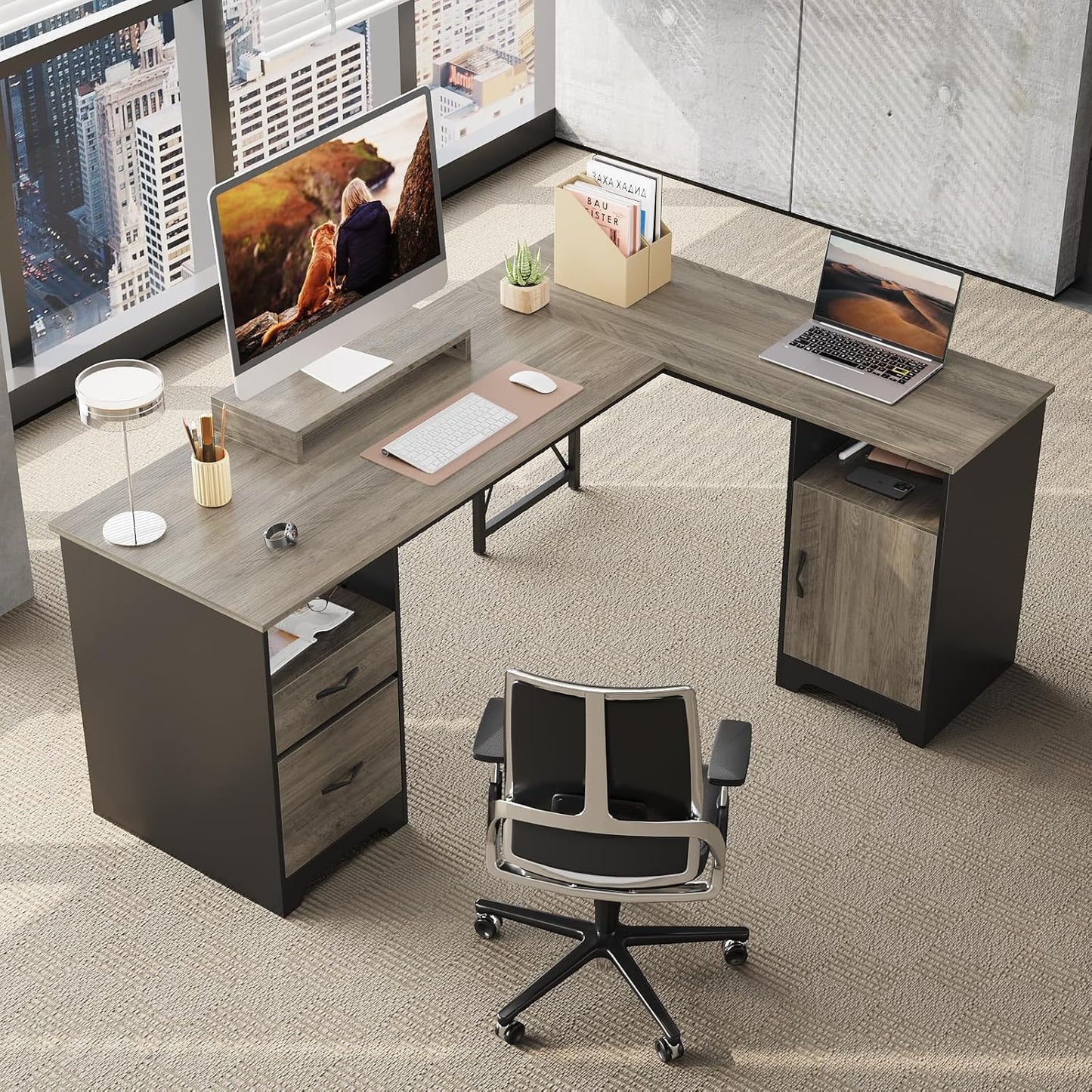 Bestier L Shaped Desk with File Drawers, 63" x 47" Office Computer Desk with Storage Cabinet, Corner Desk with Monitor Stand & Modesty Panel for Home Office, Gray