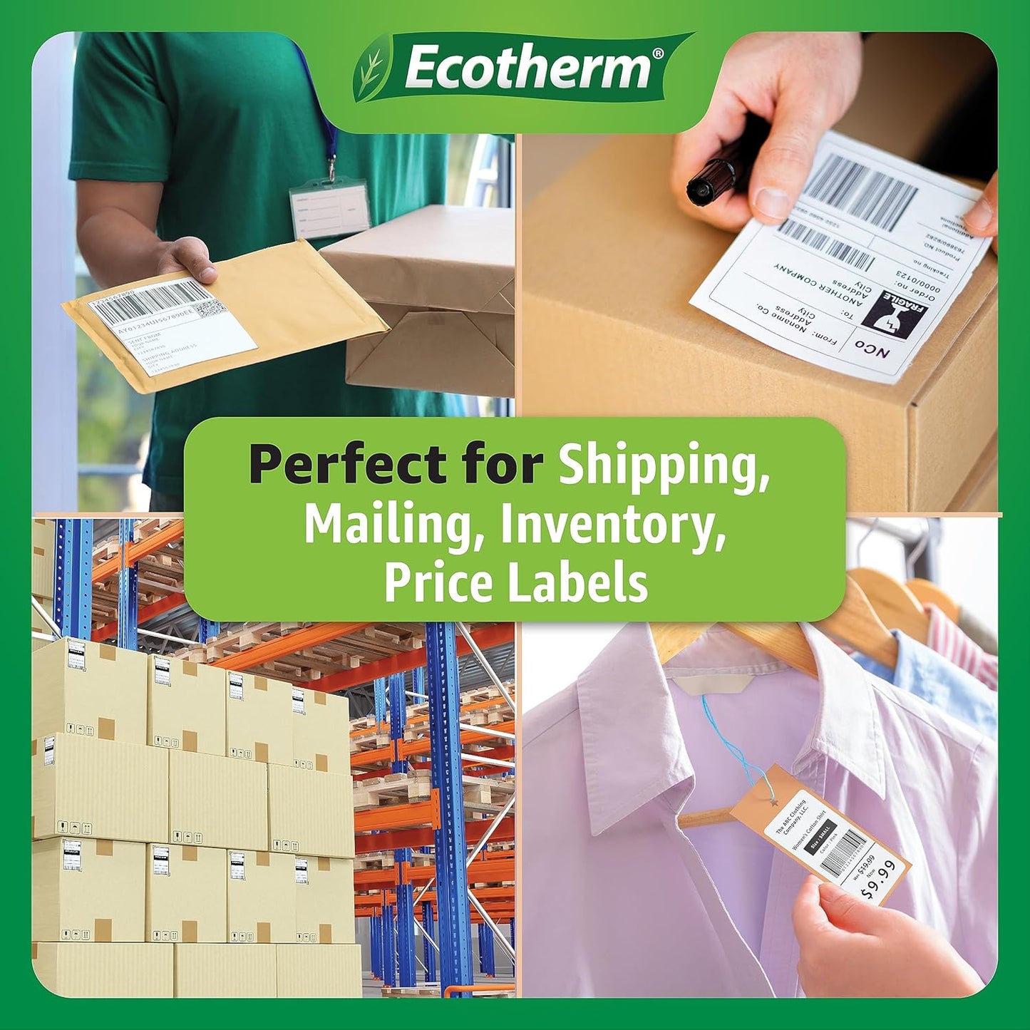 1.25" x 1" Thermal Labels | 4 Rolls | 5520 Labels | fits Zebra, Godex, Arkscan, iDPRT, Offnova Thermal Label Printers and More | Blank White Adhesive Stickers by Ecotherm