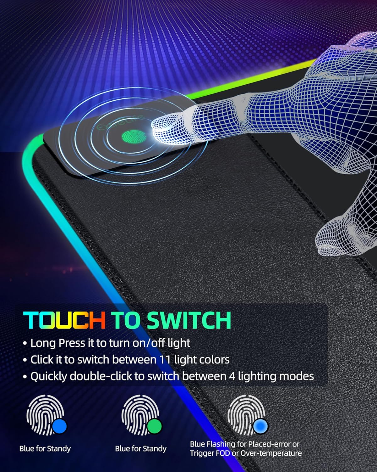 Wireless Charging Mouse Pad, RGB Gaming Desk Mat, 31.5"x15.7" Large XXL Desk Pad, 15 Lighting Modes, Ultra-Smooth Surface, Non-Slip Mouse Mat, Waterproof Computer Keyboard Pad for Desk, Office, Black