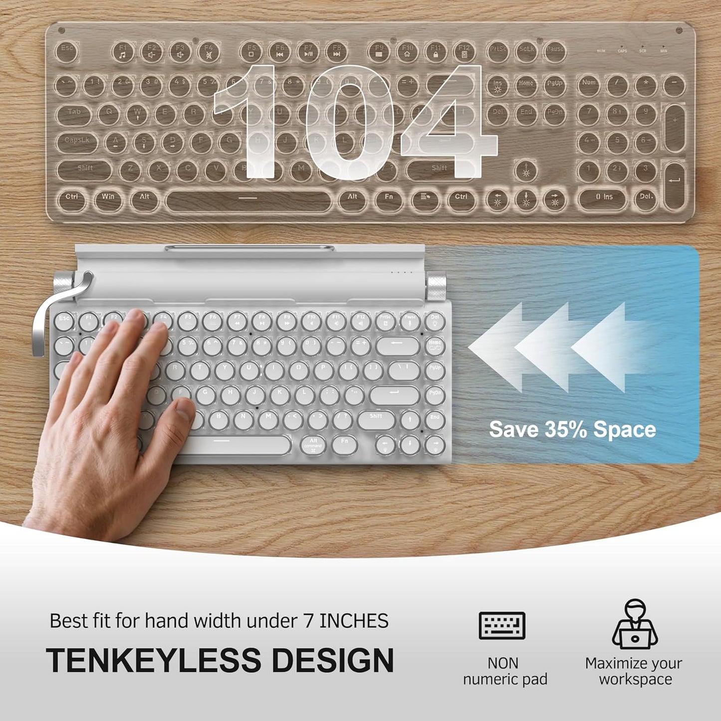 Retro Typewriter Wireless Mechanical Gaming Keyboard, Bluetooth 5.0 Office Computer Vintage Keyboards 83-Key Blue Switches Punk Round Keycap, LED Backlight, Compatible with PC/Laptop/Pad/Phone, White