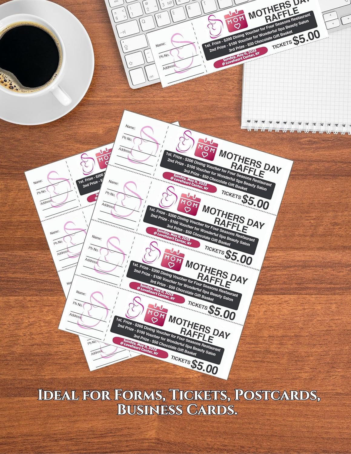 Limited Papers (TM) 8.5x11 Perforated Paper, 20/50 Pound, 75 GSM, Variety of Perforation Sizes and Colors, for Forms, Tickets, Postcards, Business Cards. (White, 4 up - horizontal every 2.75")