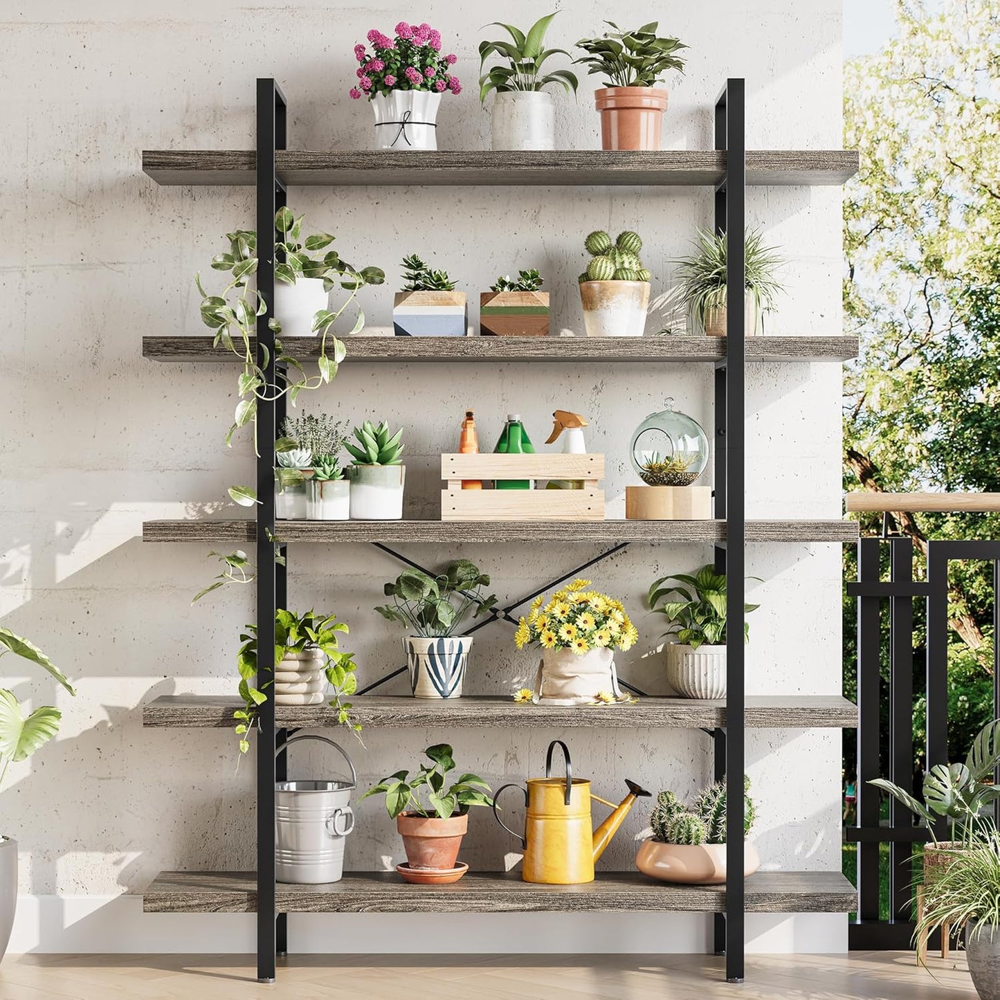 Heavy Duty 5-Tier Industrial Bookcase, 47" Wide Wood Bookshelf for Home Office, 120lbs Shelf Capacity, Rustic Shelving Display with Reinforced Horizontal Shelf for Living Room Bedroom,Grey