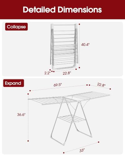 Sakugi Clothes Drying Rack, 69.5" Adjustable Wings, Foldable Design - Image 3