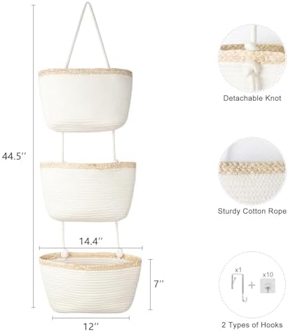 TeoKJ Over the Door Hanging Storage Basket Wall Organizer White&Light Brown - Image 2