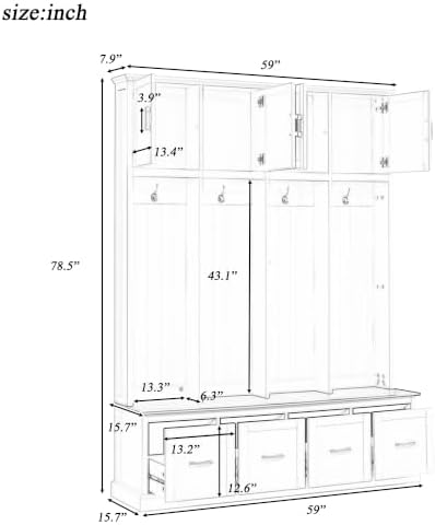 Quarte Hall Tree with Bench, Enclosed Storage, 4 Hooks - Image 3