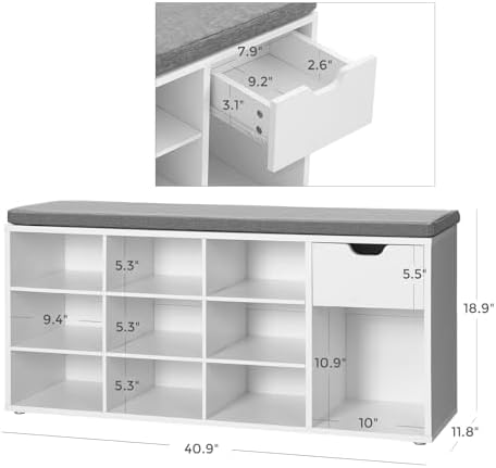 VASAGLE Shoe Bench with Cushion, Storage Bench, 10 Compartments - Image 3