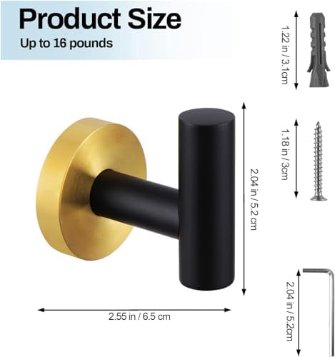 Kruodop Towel Hooks for Bathroom, 2 Packs Wall Mount Towel Holder, Blak Gold - Image 2