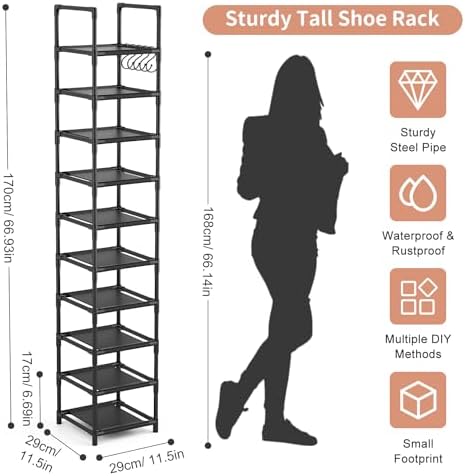 LANTEFUL Tall Narrow Shoe Rack for Entryway, 10-Tier Sturdy Metal Shoe Shelf - Image 3