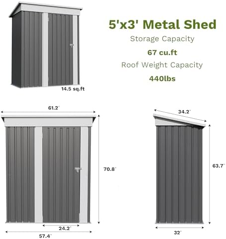 Patiowell 5x3 FT Outdoor Storage Shed, Garden Tool Shed - Image 3