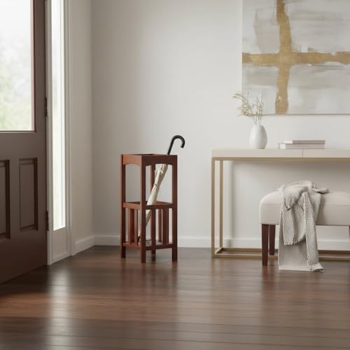 Furnifact Umbrella Stand with Removable Metal Tray, Solid Wood Frame, Tall - Image 3