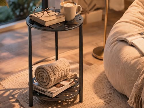 2-Tier Metal Round Side Table Black Accent Coffee Tables Small Space Corner - Image 6