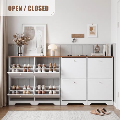 Nicetree Shoe Cabinet, 4 Flip Drawers Slim White - Image 5