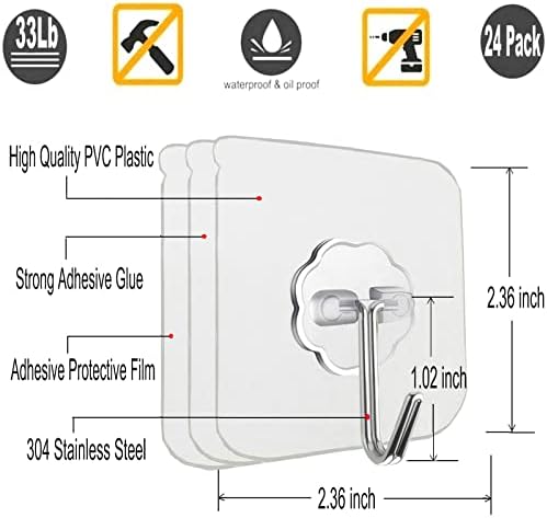 Jwxstore 24 Pack Adhesive Wall Hooks Clear 33LB Heavy Duty Sticky Hooks - Image 2