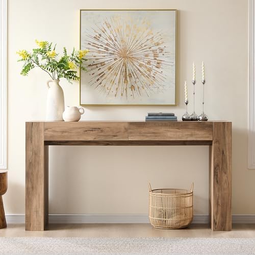 OKD 63" Console Table with Drawers, Thick Block Entryway Table, Rustic Oak - Image 3