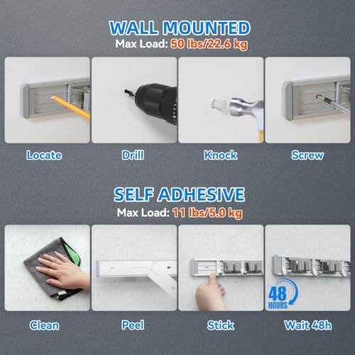 reliahom Broom Holder Wall Mount Mop Hanger Tools organizer 4Racks 5Hooks - Image 3