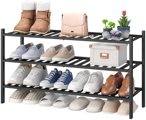 viewcare 3-Tier Long Black Shoe Rack, Bamboo Wood Shoe Rack by VIEWCARE