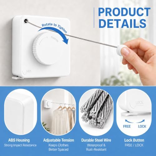 Retractable Clothesline, 15.7 FT Steel Wire, Adjustable Tension, Quick Lock - Image 6