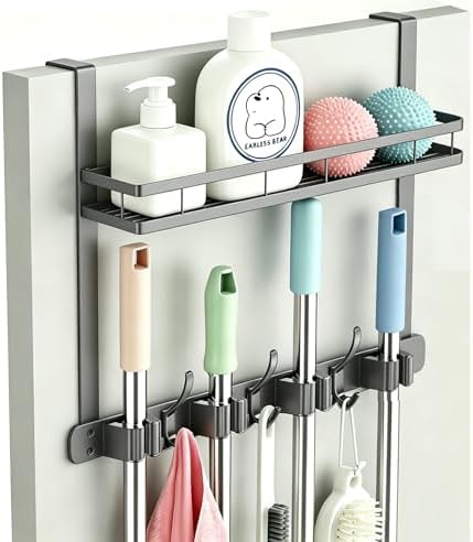 Over the Door Heavy Duty Metal Broom & Mop Holder, No-Drill Cleaning Supply by EARLESSBEAR