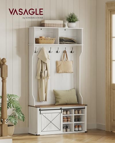 VASAGLE Hall Tree with Bench and Shoe Storage, 6 Tri-Hooks, Sliding Door - Image 2