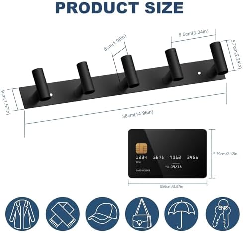 VAEHOLD Black Hat and Coat Wall Mount Rack 5 Hooks - Image 6