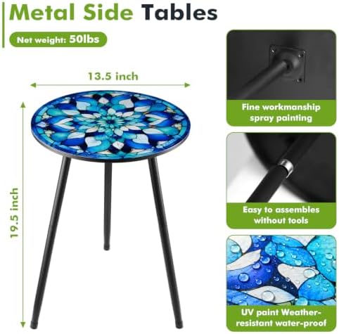 2 Pack Metal Mosaic Round Side Tables 13.4" Small Outdoor Patio Round Accent - Image 3
