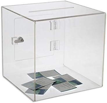 Source One Premium Acrylic Cube Donation Box with Deluxe Rear Open Door and Cam Lock Suggestion Box (12 Inch, Clear)