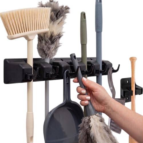 Combo 5 Slot Broom Holder w/ 1 Self Adhesive Mop Gripper No-Drilling, Wall by BerryAve