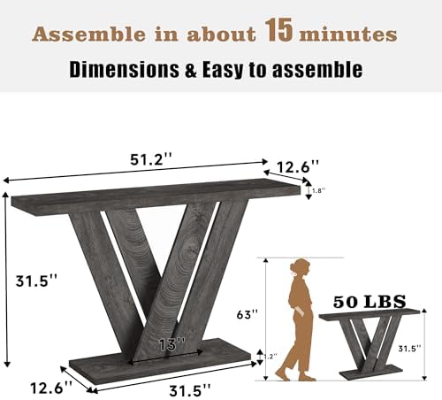 51" Console Table, V-Shaped Entryway Table, Wood Sofa Table Behind Couch - Image 2