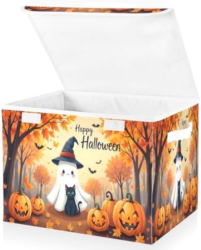 Bolaz Storage Bins with Lids and Handles, Maple Leaves Ghost Pumpkin Storage by Unknown