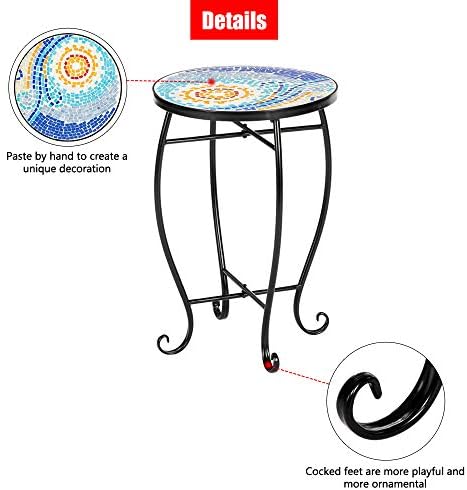 Mosaic Outdoor Side Table, 14inch Round Small Patio Accent Table Ottoman Mosaic - Image 4