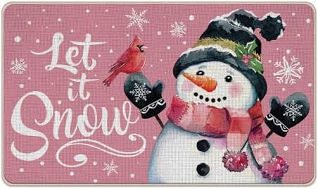Pink Winter Snowman Welcome Front Door Mat, Let It Snow Cardinal by Livcoz